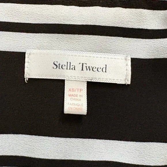 Stella Tweed High Low Black & White Striped Blouse Roll Tab Sleeve Size XS - Picture 4 of 9